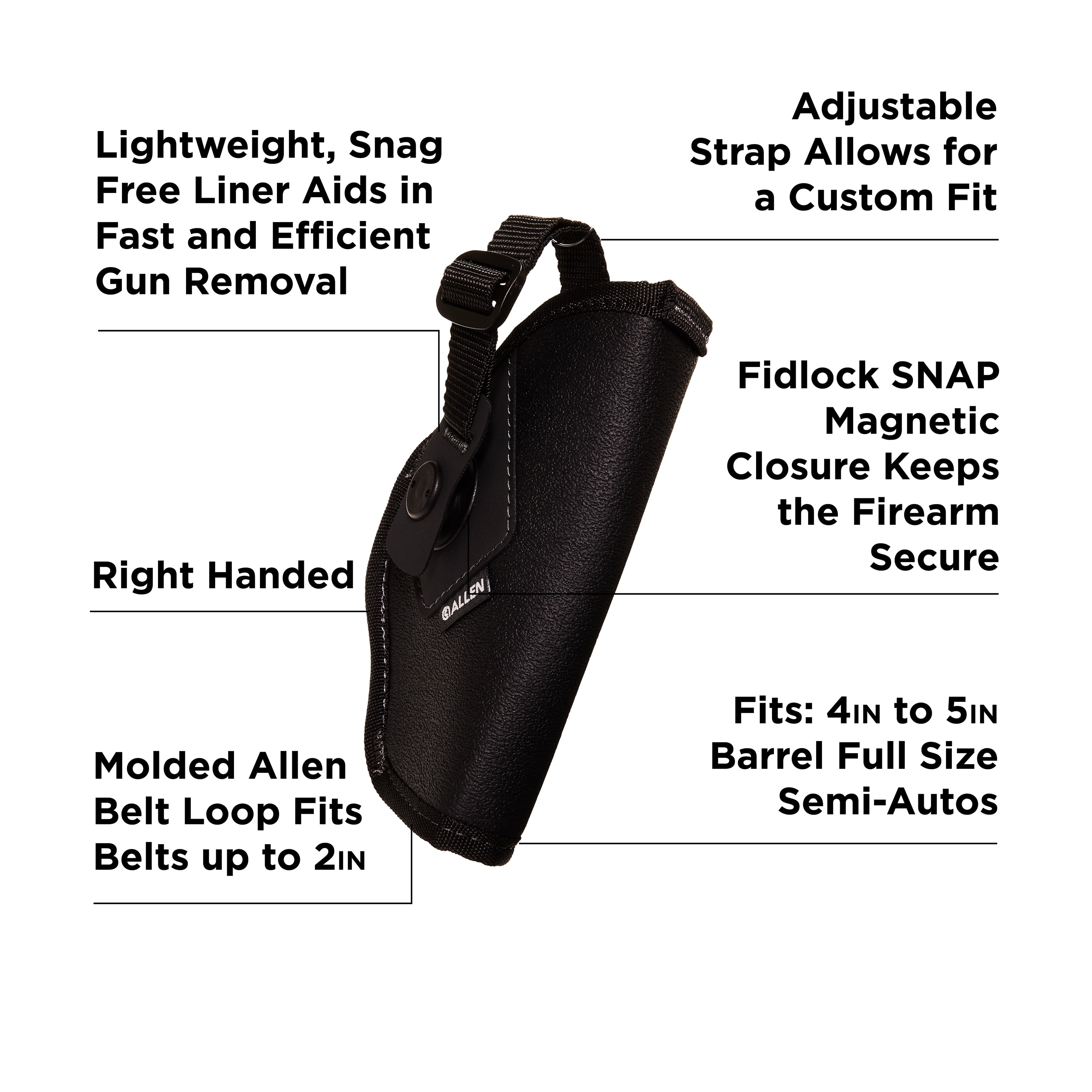 Allen Company Magnetic Quick Release Firearm Hip Holster, 4"-5," Black, Polyester, 0.26 lb