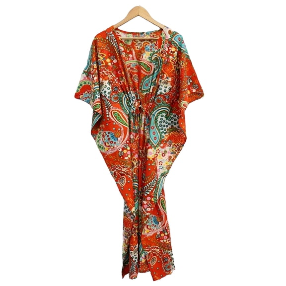Paisley Printed Cotton Orange Fabric Women Kaftan Dress Long Top Caftan, Dress Beach Wear Cover up, Printed Sleepwear Maxi Dress Boho Kimono Robe