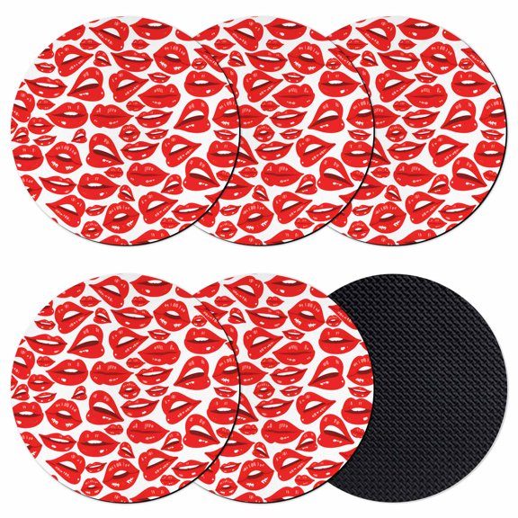Valentines Coasters Set of 6, Absorbent Coasters for Drinks, Modern Romantic Red Woman Lips Love Kiss Coaster for Desk Coffee Table Protection, Home Decor House Warming Gifts 4"