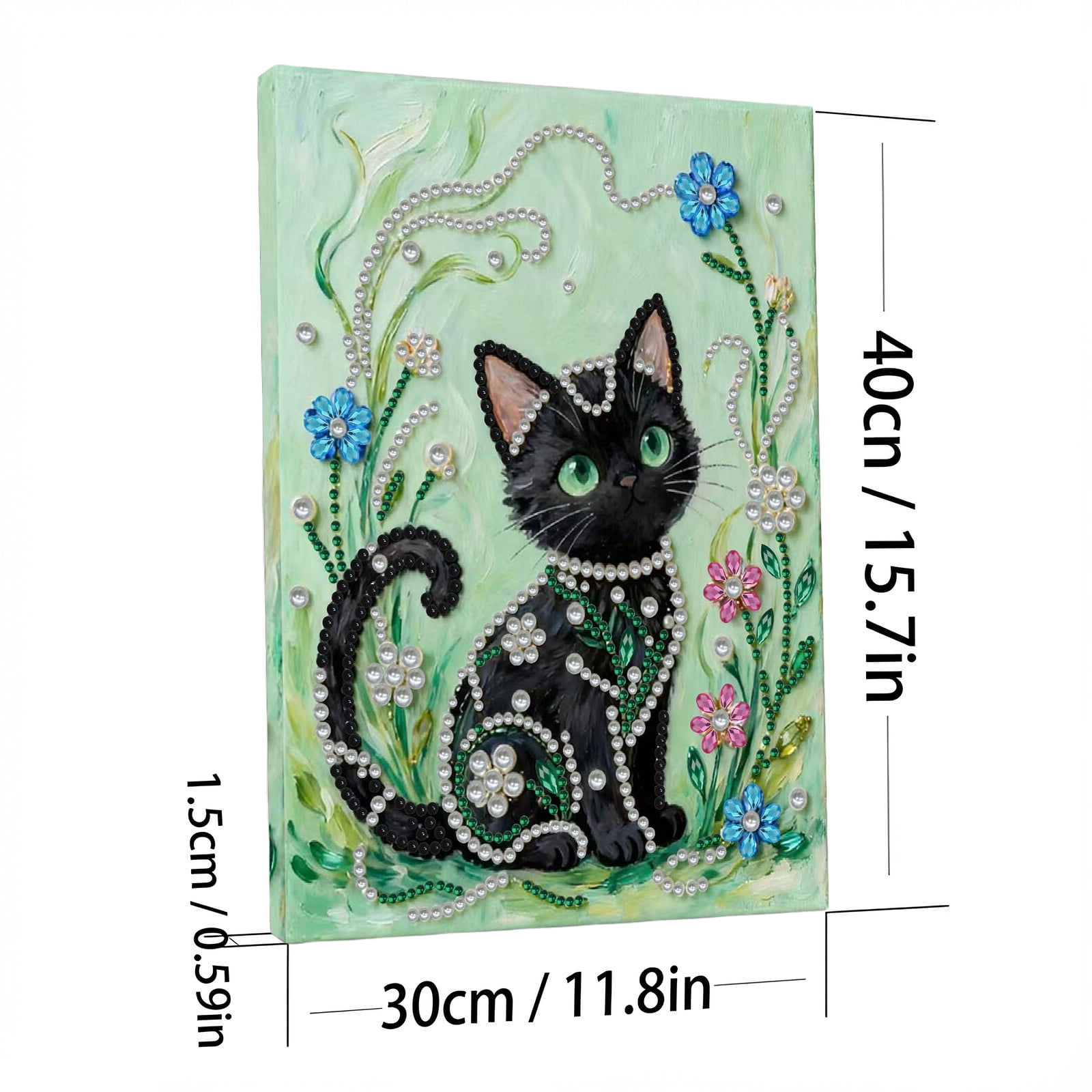 FLOPESN DIY Gemstone Pearl Diamond Art Painting Kit with Frame, 11.81x15.75in Colored Canvas, Home Decor Display for Tabletop and Wall -Black Cat