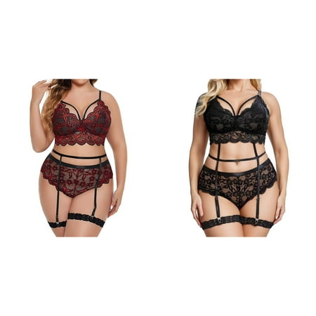 (2-Pack) Kcodviy Plus Size Set Lace Bra Set Underwire for Women Floral Lace Womens Lace Underwear Set Scallop Trim Garter Set Lace for Women Set High Waist Lace Bra Panties Set