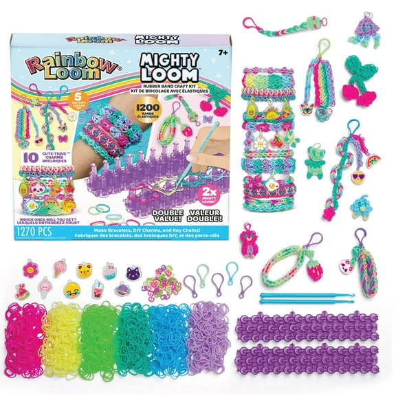 Rainbow Loom: Mighty Loom - 1200  Piece Rubber Band Bracelet Making Kit, Craft DIY Jewelry & Keychains, 2 Mighty Looms, 10 Cute-Tique Charms, Kids 7 