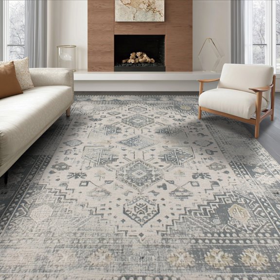 ODIKA 8'x10' Washable Area Rug Non-Shedding, Easy Care, Entry Grey Distressed Trellis Lattice Entryway Front Door Styling for King Size Bedroom Under Bed, Master Suite