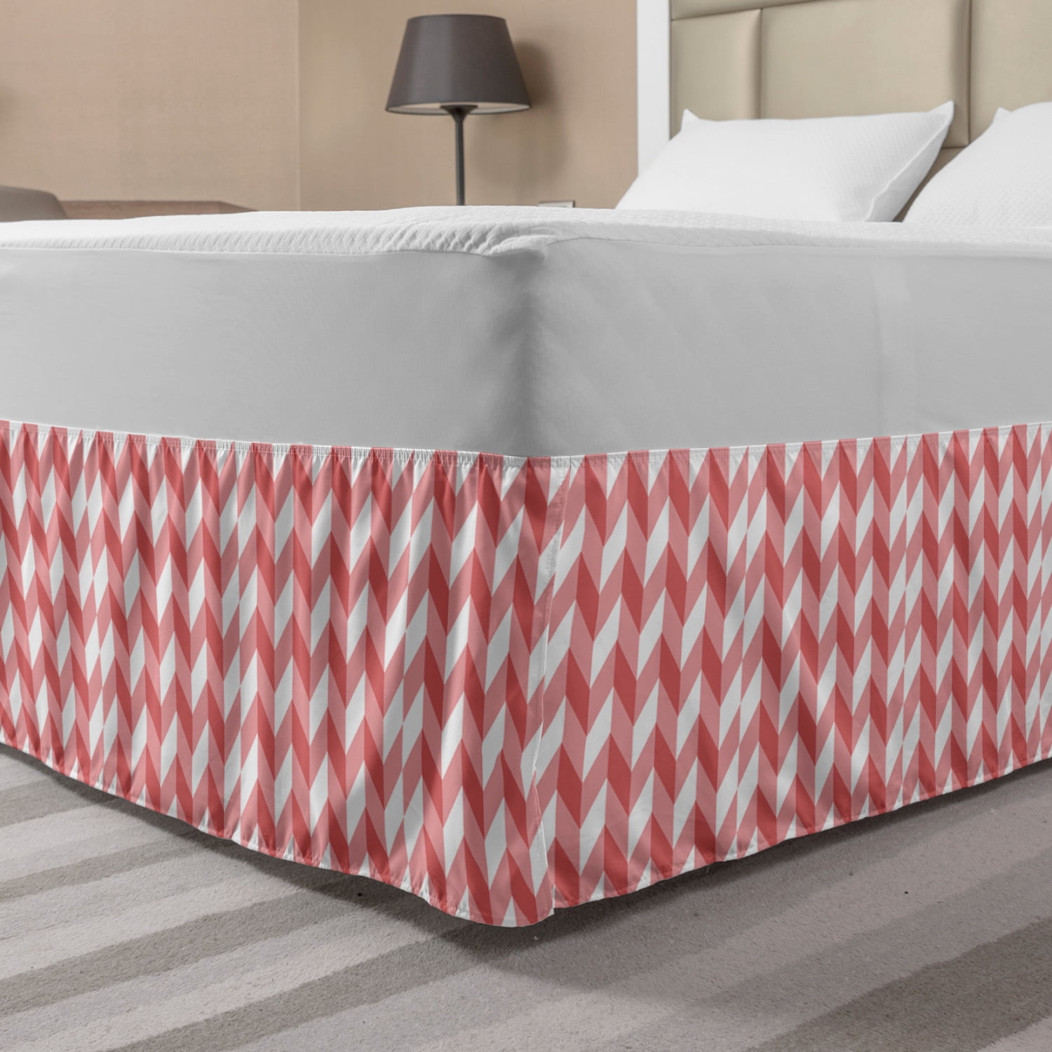 Coral Bed Skirt, Retro Abstract Geometric Striped Pattern with Chevron