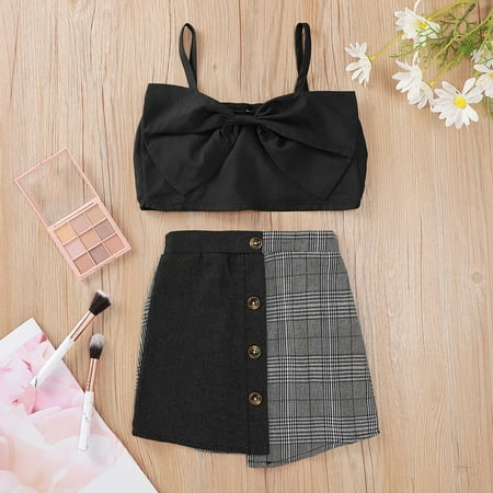 

Leutsin Cute Fashion Baby Girls Sleeveless Plaid Skirt Suit With Black Bow Suspenders