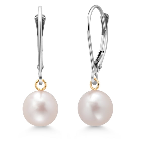 Gem Stone King 925 Sterling Silver and 14K Yellow Gold 7MM White Round Cultured Freshwater Pearl Leverback Drop Dangling Earrings for Women
