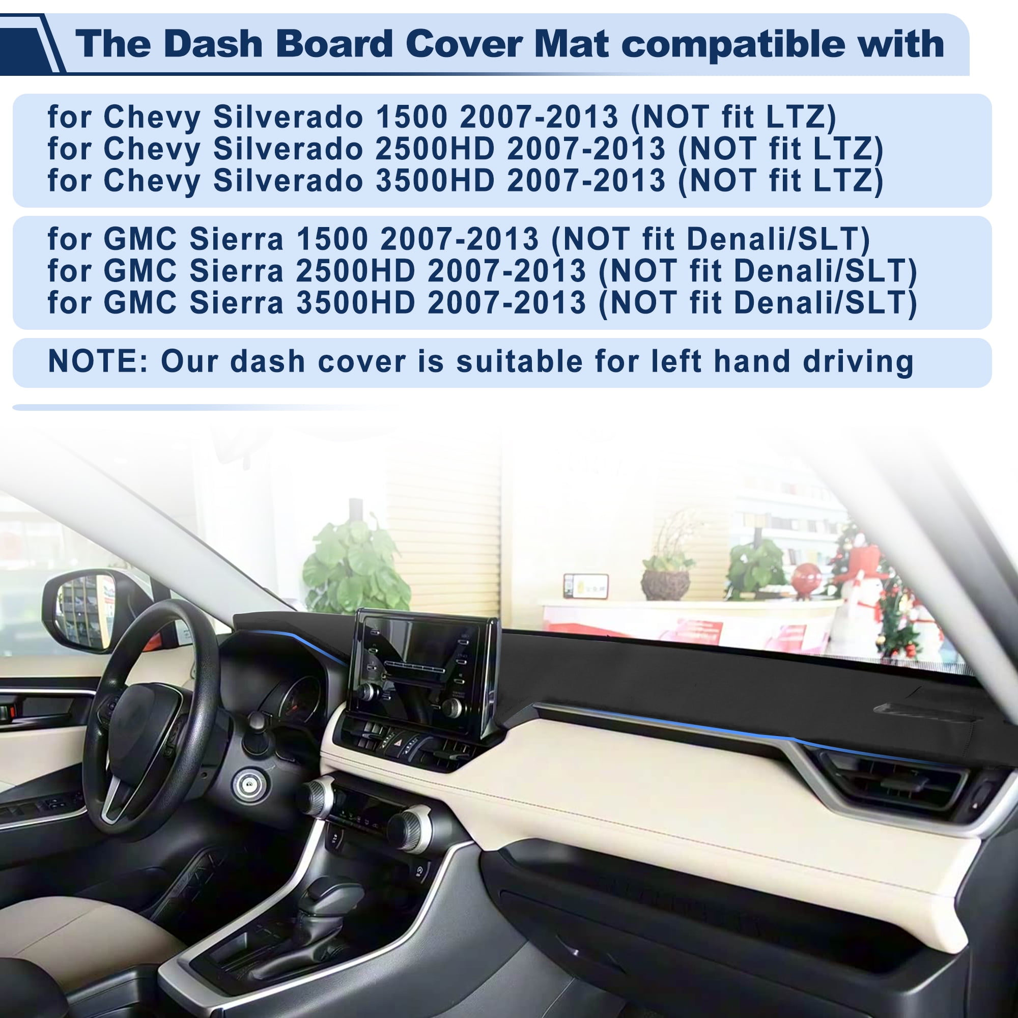 Leather Dash Cover for GMC Sierra for Chevrolet for Silverado 2007-2013 Dashboard Cover Mat Sunshade Non-Slip Dashboard Protector Anti-Glare& Beat The Heat