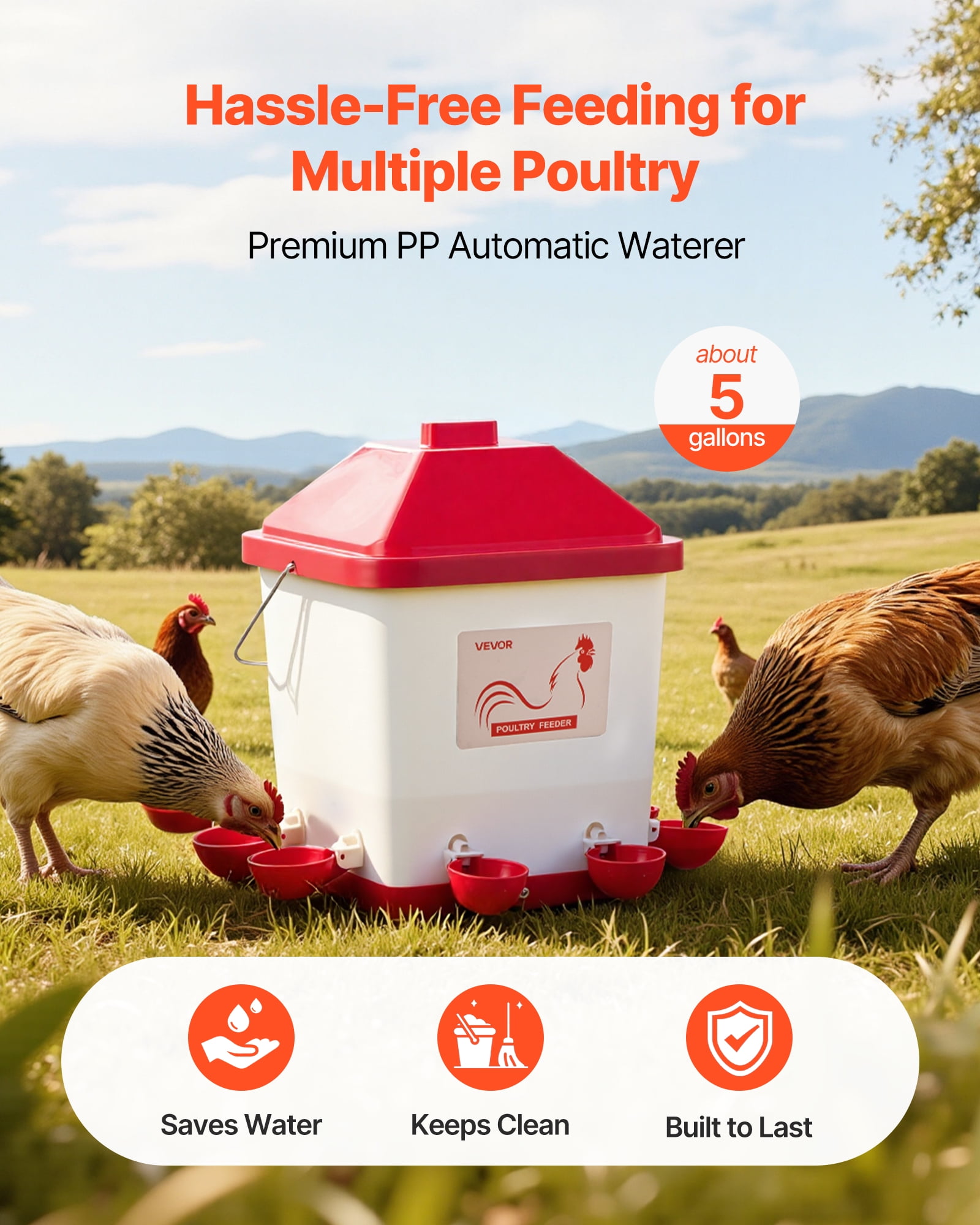 VEVOR 5 Gallon Automatic Chicken Waterer, 6 Water Ports, Automatic-Fill Water Cup, Automatic Gravity Waterer with Handle & Sealed Rubber Ring, Waterproof PP Material, No Waste Design, for Chicken