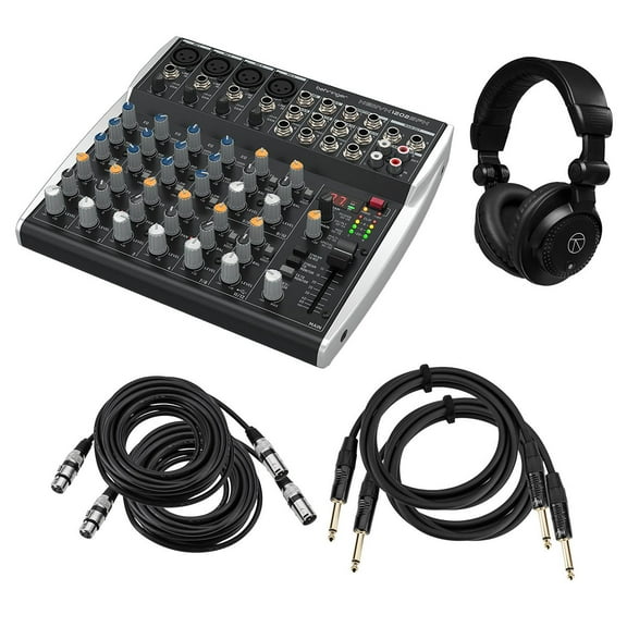 Behringer XENYX 1202SFX Premium Analog 12-Input Mixer with USB Interface, Bundle with TAPH100 Headphones, 2x Instrument and Microphone Cables