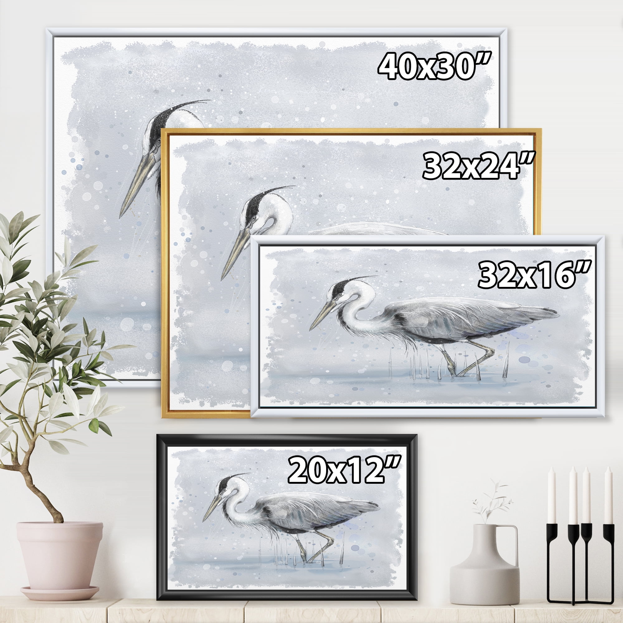 Grey Heron Bird In Lake 20 in x 12 in Framed Painting Canvas Art Print, by Designart