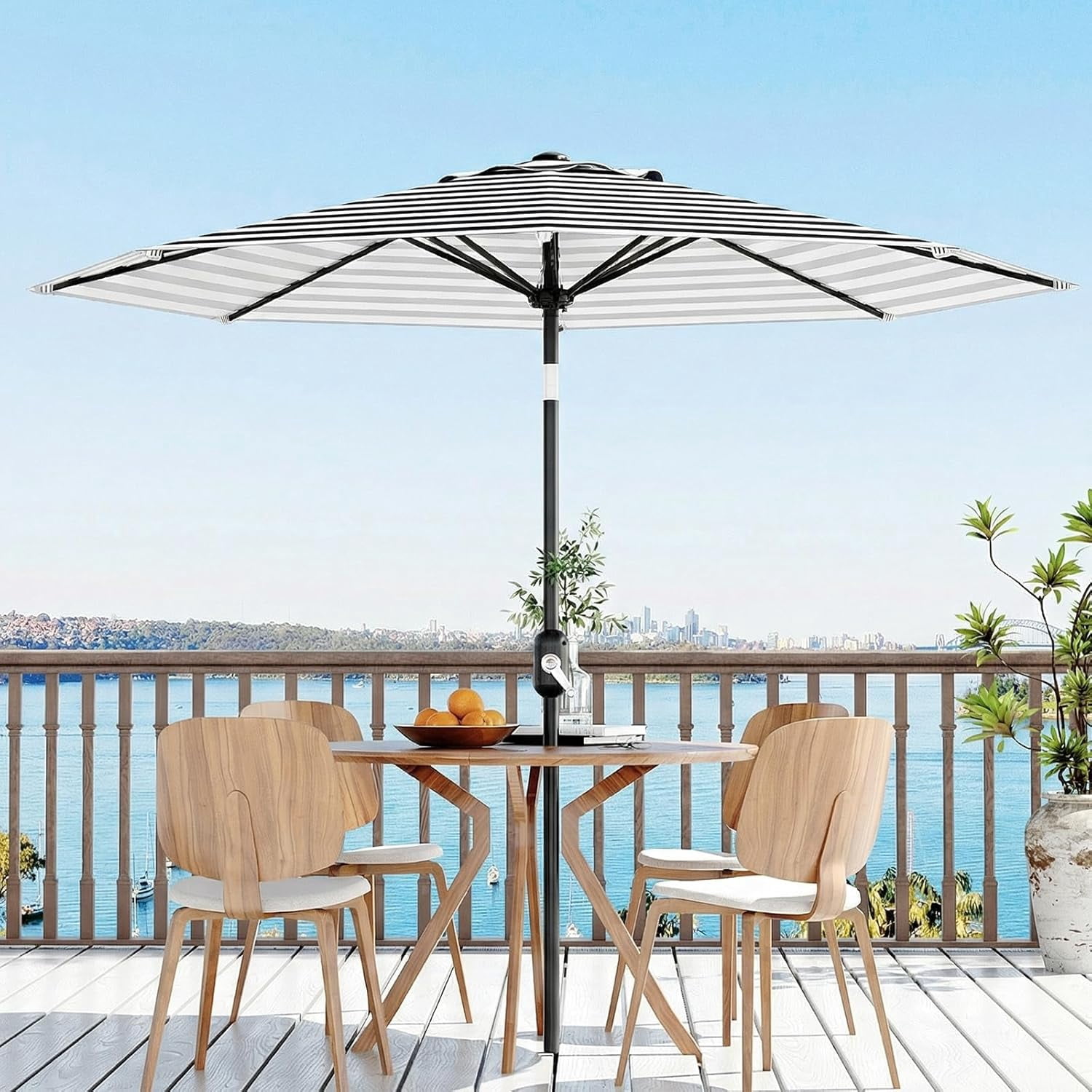 IdealHouse 10 ft Outdoor Patio Umbrella 8 Sturdy Ribs Outdoor Table Umbrella with Crank Lift & Push Button Tilt UV Protection Waterproof Market Umbrellas for Pool Deck Yard, Black & White Stripes