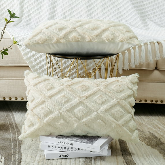 OTOSTAR Pack of 2 Decorative Throw Pillow Covers Soft Cotton Plush Short Wool Velvet Cushion Cover Square Luxury Pillow Cases for Couch Sofa Bedroom Cream Beige, 12 x 20in