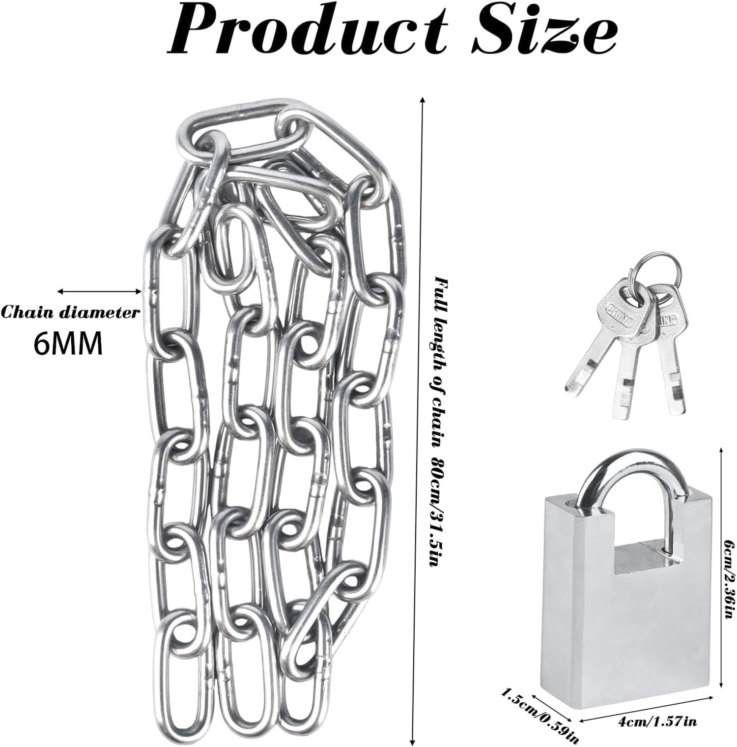 31.5 inch/0.8 Meter Bicycle Chain Lock,Security Chain Lock,Bike Chain Lock,Stainless Steel Chain with Anti-Cut Padlock and Key for Door, Fence, Scooter Lock, Anti-Theft Protection