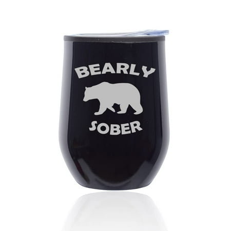 

Stemless Wine Tumbler Coffee Travel Mug Glass with Lid Bearly Sober Bear Funny (Midnight Black)