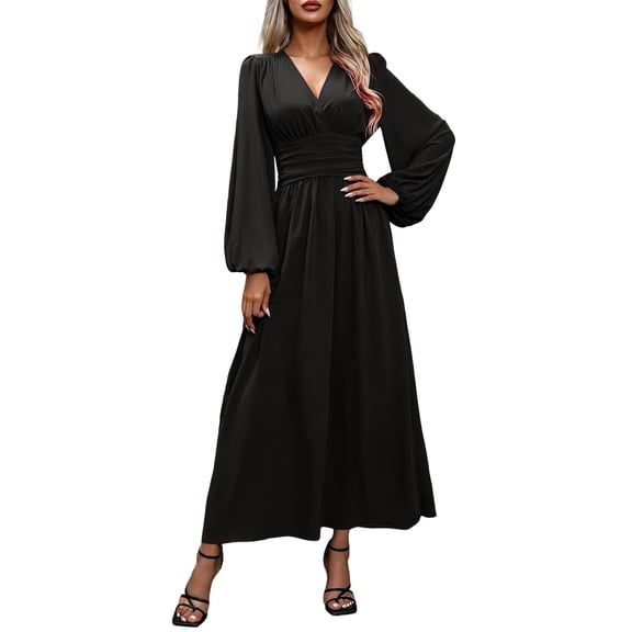 BAVIRRA Women's Solid Color Surplice V-Neck Maxi Dress Balloon Long Sleeve Smocked Back Elastic Waist Flowy A-Line Dress for Wedding Guest, Church, Cocktail