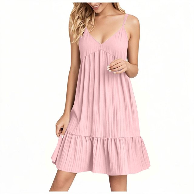 Robe Mini à Bretelles Spaghetti Col en V d'Été pour Femmes, Robe Tunique à Manches Courtes Décontractée, Volants à Étages, Plage, Ligne A, Courte, Robes d'Été