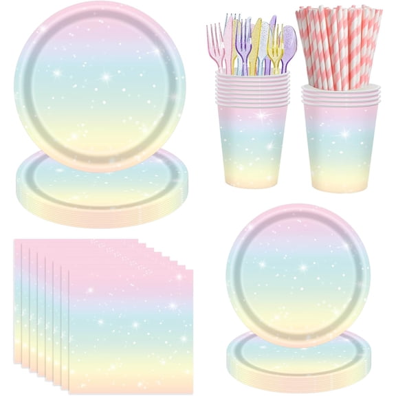 160 Pcs Gradient Rainbow Birthday Party Decorations, Disposable Paper Plates, Napkins, Cups, Straw, Cutlery Dinnerware for Girls, Baby Shower, Serves 20 Guests