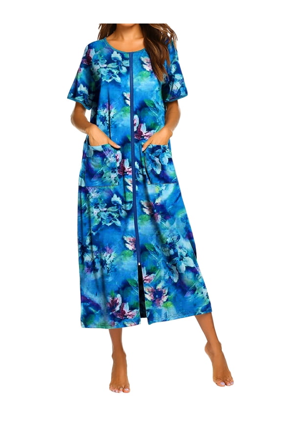 Women Long Zipper Front Robes Full Length Housecoat Short Sleeve Bathrobes with Pocket Loungewear