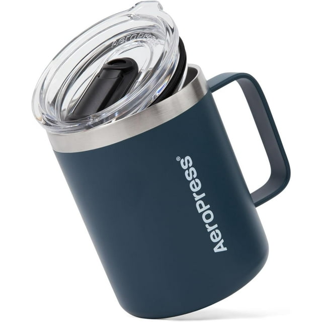 AeroPress Travel Coffee Mug with Handle, Double-Wall Vacuum Insulated Stainless Steel with Splash-Resistant Slider Lid, Compatible for Hot or Cold Drinks, Dishwasher Safe, 12 oz, Blue