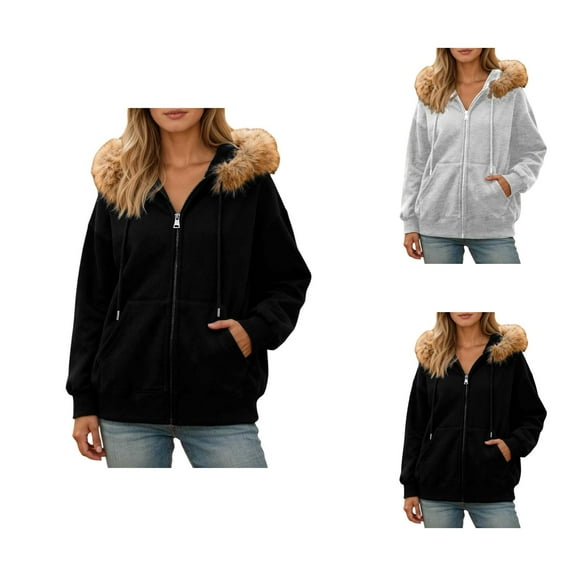 Hooded Jacket for Women 2025 Fall Winter Long Sleeve Zip Up Sweatshirt Hoodie with Pockets and Fur Trim Hood