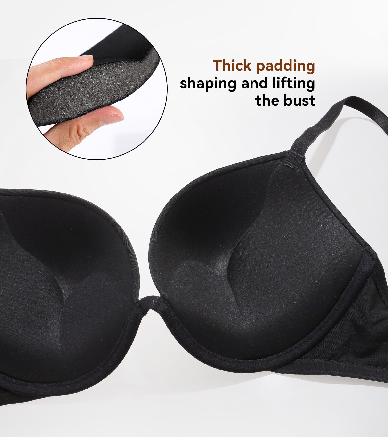 Exerin Women's Deep Plunge Low Cut Thick Padded Underwire Push Up Bra(40B,Black)