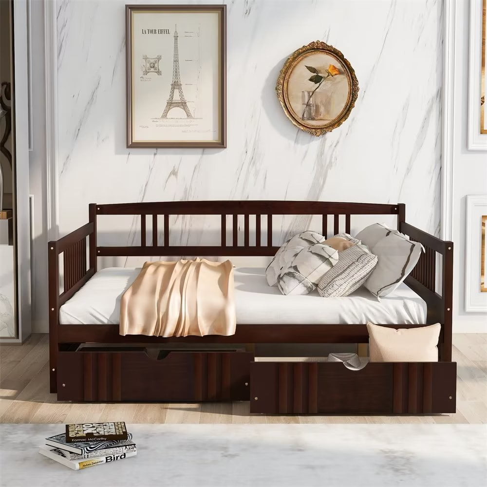 Full Size Daybed with 2 Drawers, Wood Sofa Bed Frame with Arms, Wood