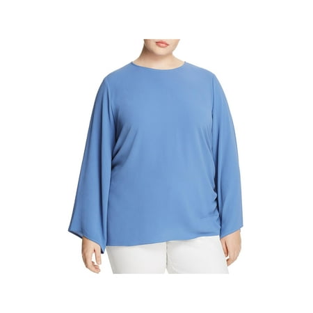 Vince Camuto Womens Plus Side Drawstring Bell Sleeves Blouse Blue 1X
