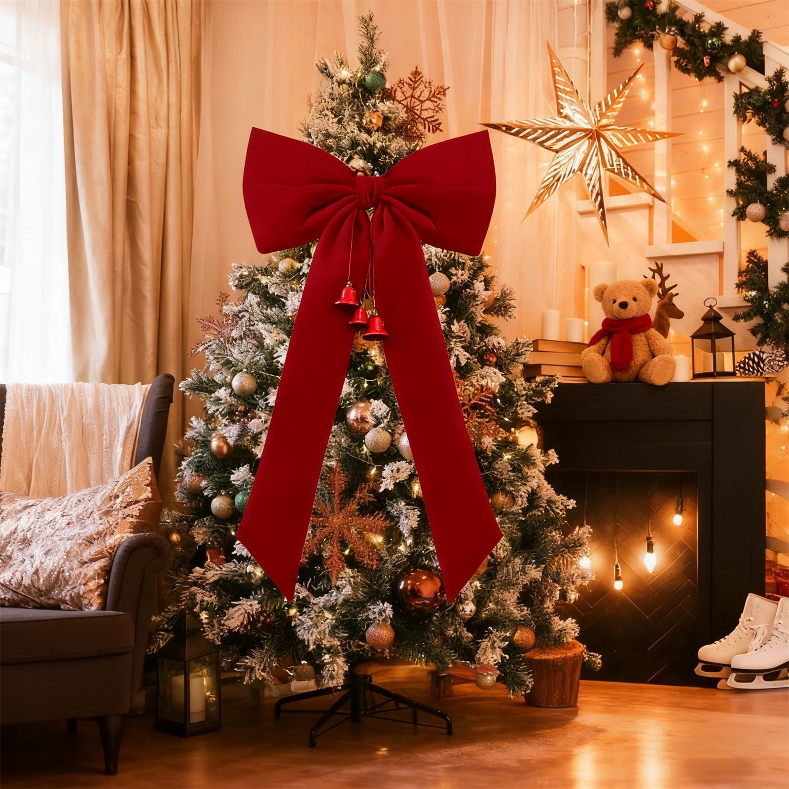 Hvmvliv Large Velvet Christmas Bow 80x40cm - Oversized Tree Topper with Flexible Wire Ribbons, Perfect for Mantel, Staircase & Front Door Holiday Decor Red