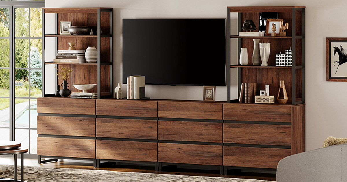 WAMPAT Modern TV Stand with 3 Tiers Bookshelf, Farmhouse Entertainment Center with 12 Drawers and Adjustable Shelf, Wooden Media TV Console with Black Metal Leg for Living Room, Brown