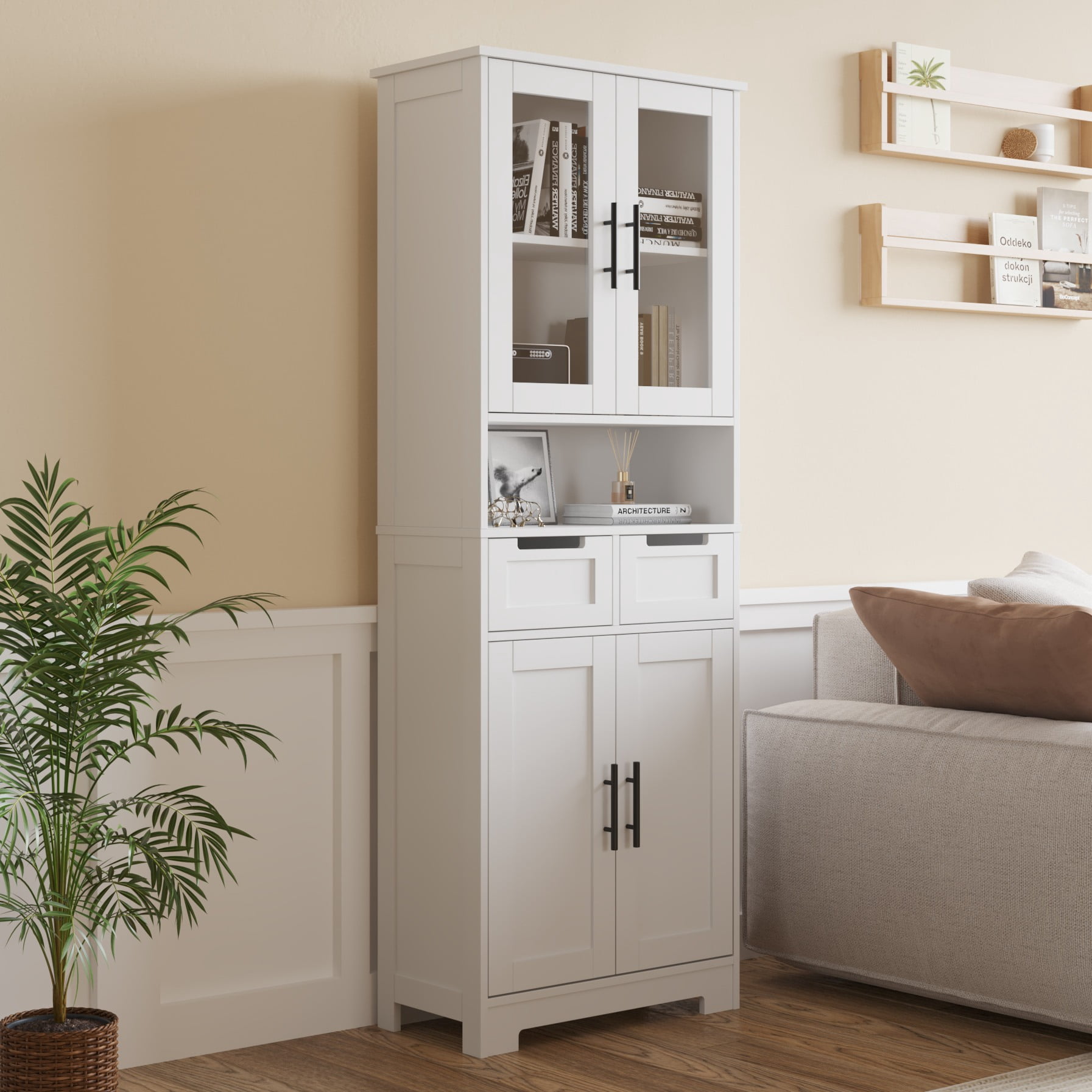 Ktaxon 67" Tall Bathroom Cabinet with 2 Drawers, Floor Storage Cabinet Wardrobes, 4 Door Wooden Cupboard Adjustable Shelf, White