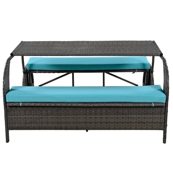 U_STYLE 2-in-1 Convertible Picnic Upholstered Bench Table,57.1" Outdoor Loveseat,Portable Picnic Table Couch,Convertible To 4 Seats&1 Table,For Garden,Lawn,Backyard,Porch,Patio
