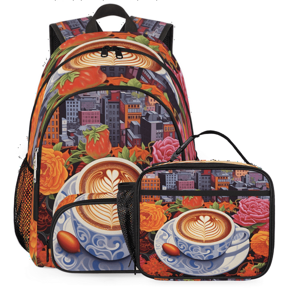 Herdesigns Coffee Cup Backpack with Lunch Box Funny Coffee Theme Lightweight Large Travel Work Laptop Backpacks Set Casual Daypacks