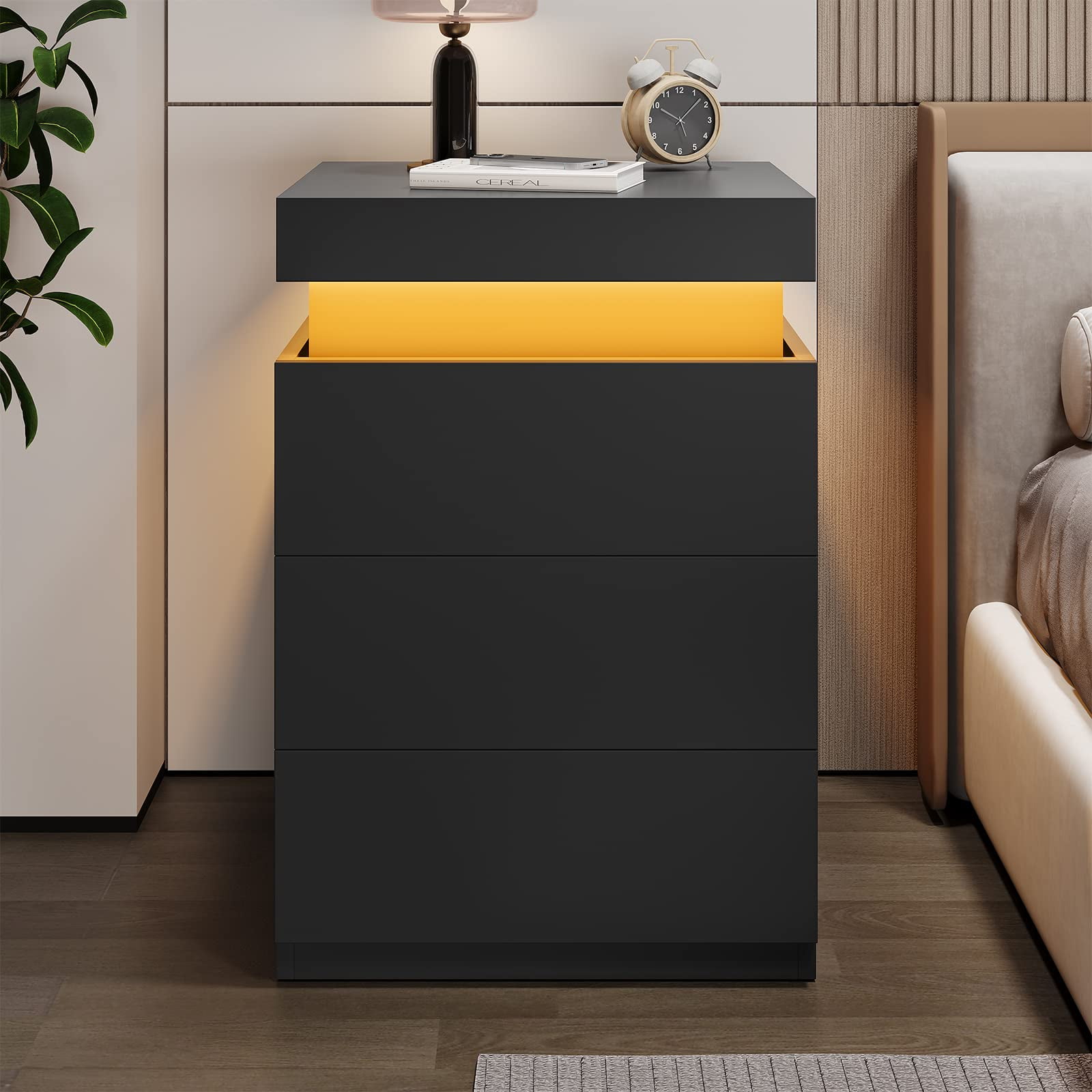 LED Nightstand Charging Station USB Port Outlets Bedside Table 3 Drawers Black Night Table Modern Smart Nightstand Sliding Top End Side Table for Bedroom Furniture 26.8" Tall,2pcs
