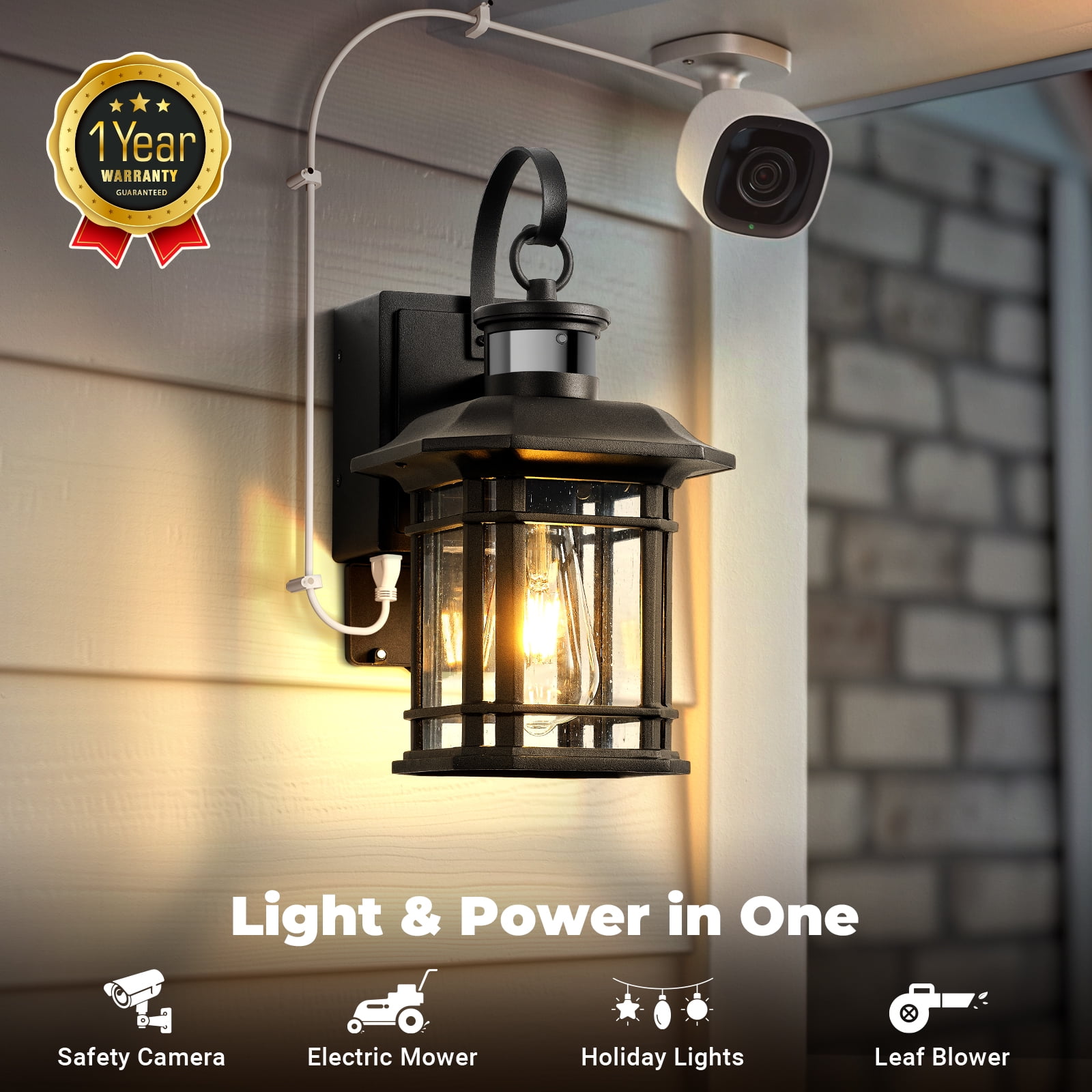 Porch Light with GFCI Outlet, Motion Sensor Outdoor Lights, Dusk to Dawn 3 Lighting Modes Outdoor Light with Outlet, Black Outside Lights for House, Garage, Garden, Waterproof, 100% Aluminum
