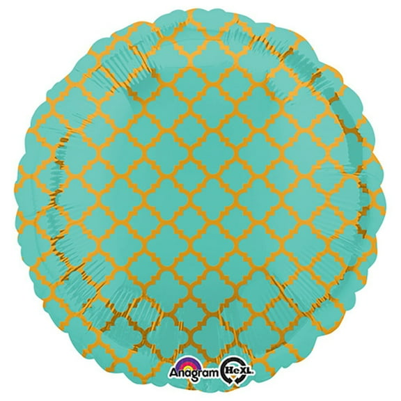 18 inch Circle - Quatrefoil Robins Egg And Gold Foil Mylar Balloon - Party Supplies Decorations