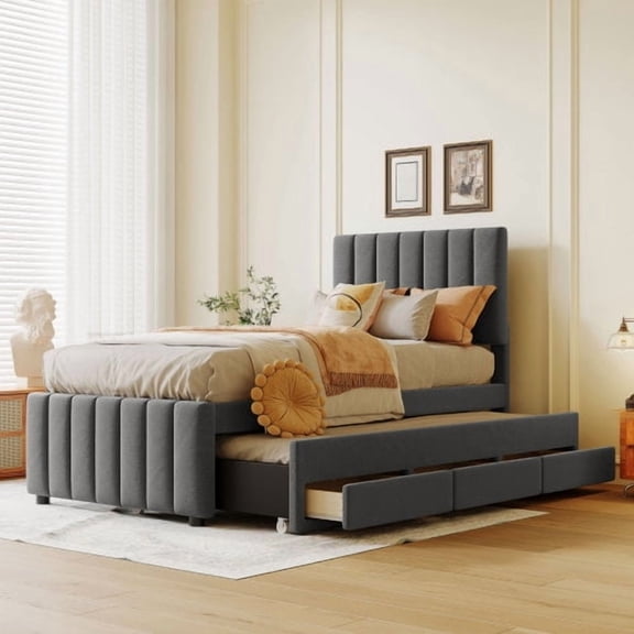 Twin Size Upholstered Platform Bed with Trundle and 3 Drawers, Linen Fabric with Stripe Headboard, Storage Bed for Guest Room Apartment, Gray