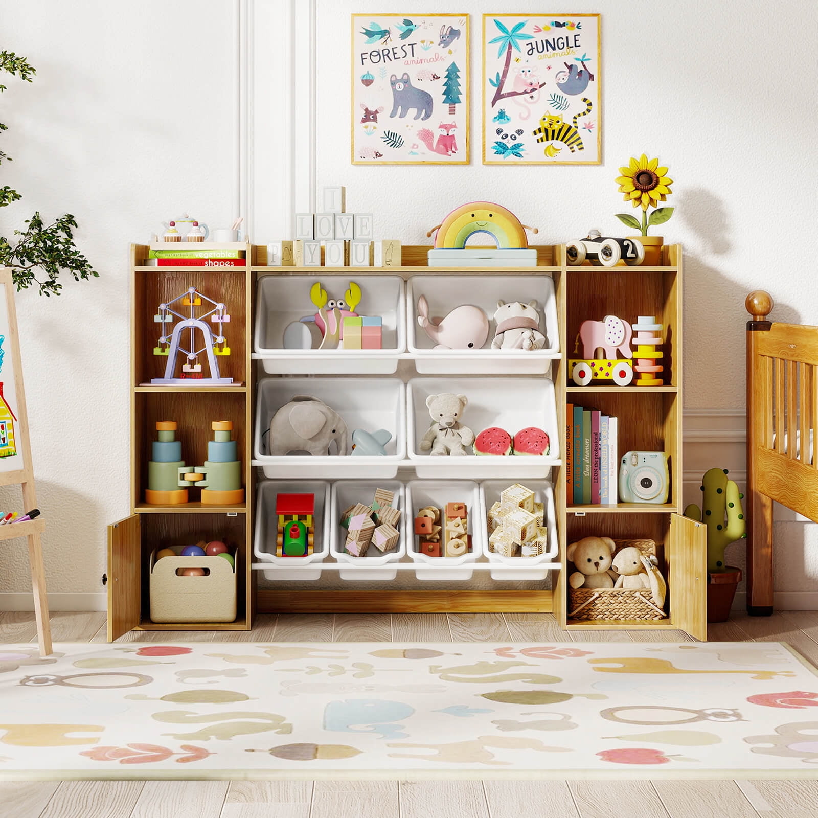 Costway Kids Toy Storage and Bookshelf with 8 Boxes Open Shelves & 2 Single-door Cabinets Beige