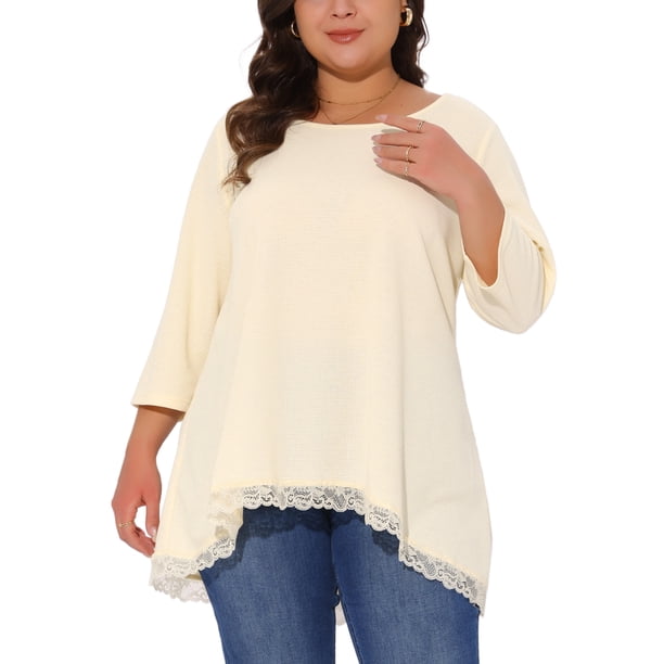 Blusa de Talla Grande GRACE & GRANDEUR para Mujeres, de Waffle, con Manga 3/4, Cuello Redondo, Panel de Encaje, Suelta, con Dobladillo Alto-Bajo, 1X Beige