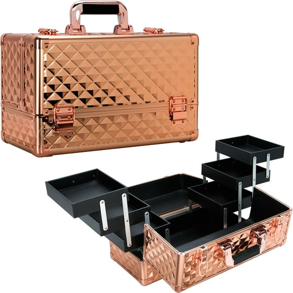 Rose Gold Diamond 6-Tiers Accordion Trays Professional Cosmetic Makeup Train Case - VP001