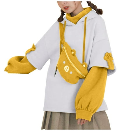 IROINNID Women s Long Sleeve Sweatshirt Mid-Length Color Block Casual Autumn Winter Sweatshirt with Personality Messenger Bag 2PC  Yellow