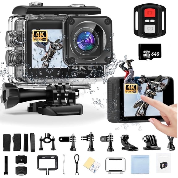 Action Camera, 30M Waterproof Camera 170° Wide Angle EIS Stabilization WiFi Adjustable Wide Angle Helmet Camera with 64GB Card, 4K 20MP Sports Video Camera WiFi with Touch Screen Dual Screen