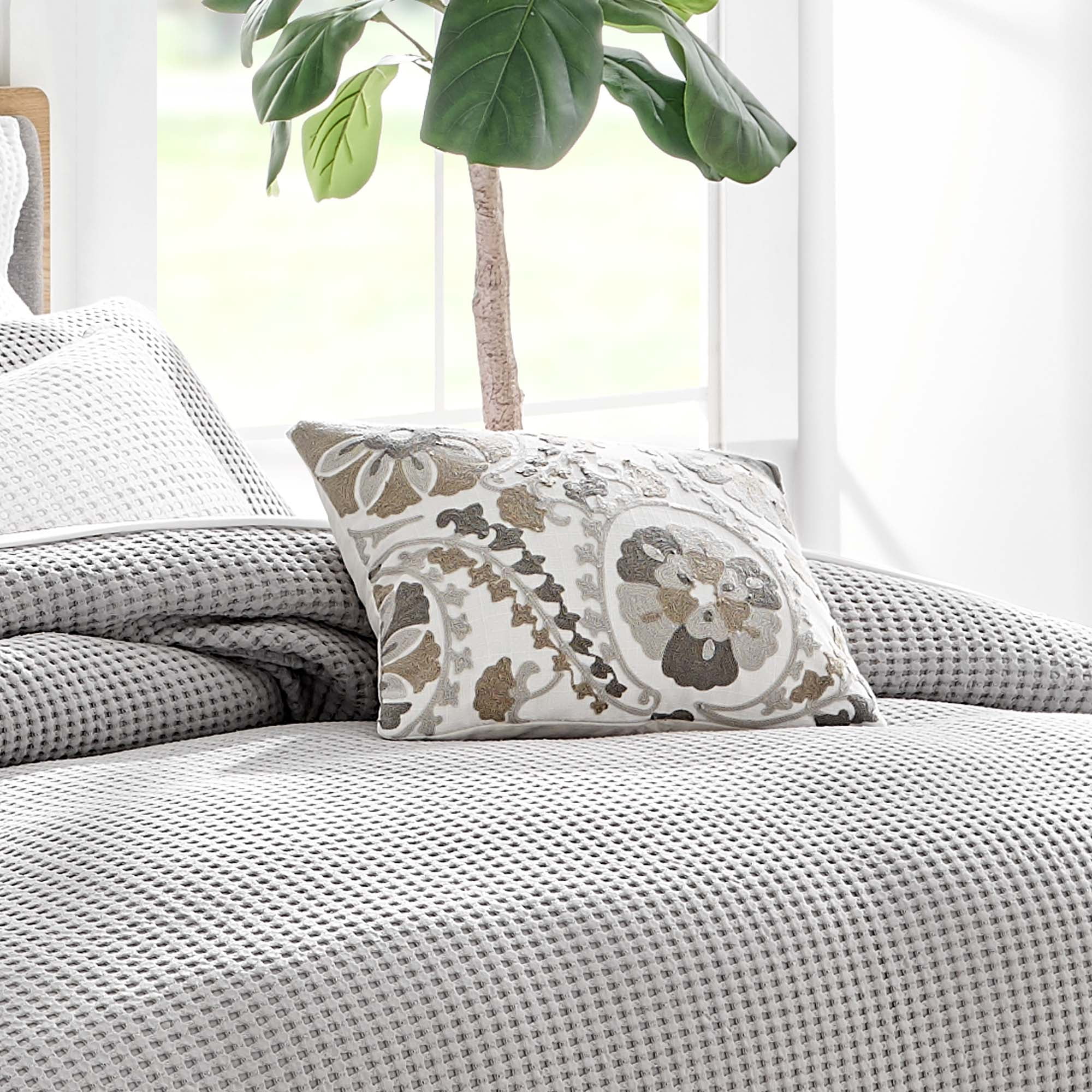 Levtex Home - Mills - Decorative Pillow (14x18in.) - crewel embroidered suzani - Light Grey, taupe, Dark Grey, White