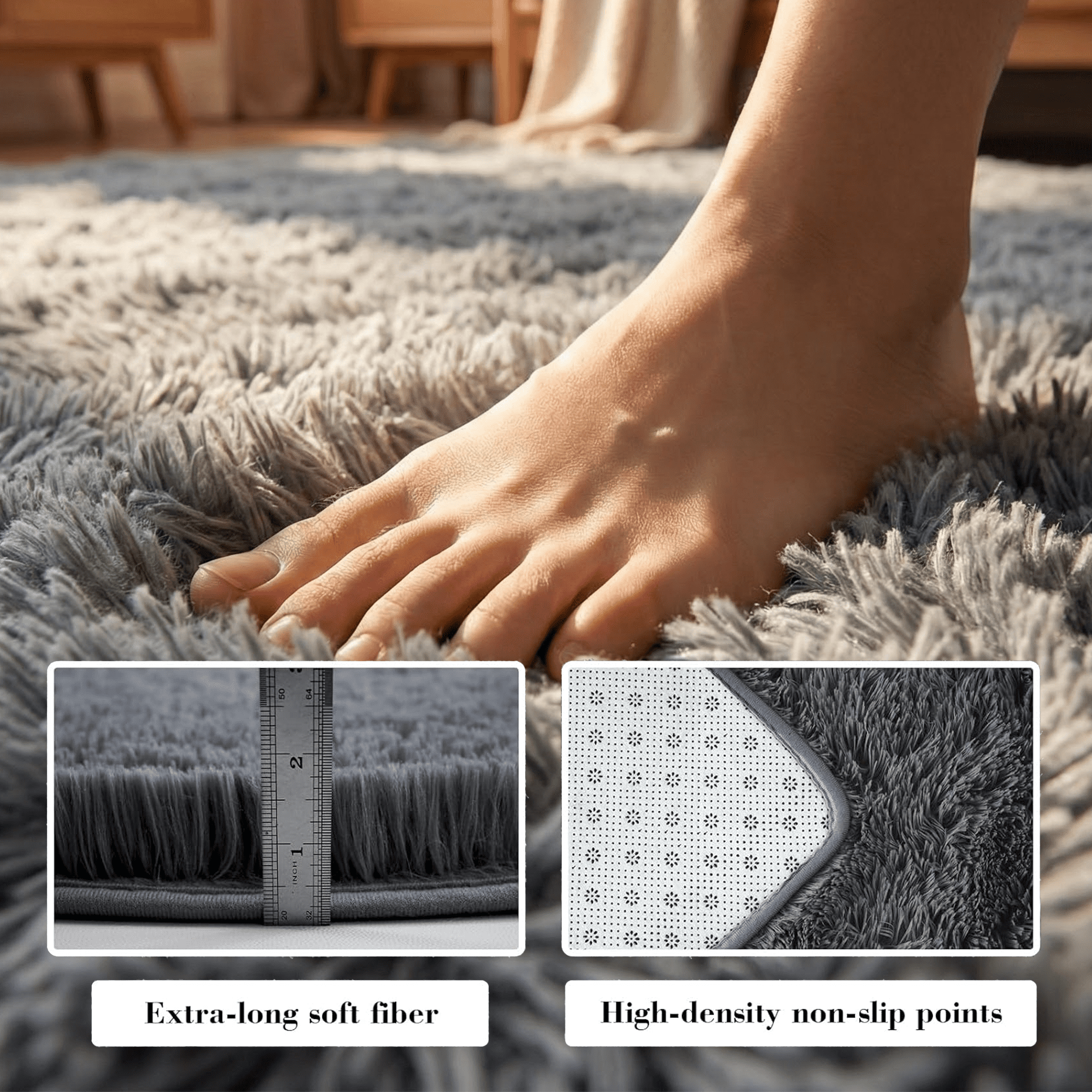 Rugs for Living Room, 3'x5' Soft Fluffy Area Rug for Bedroom, Plush Decorative Rug with Anti-Skid Backing, Indoor Home Carpet for Living Room, Grey