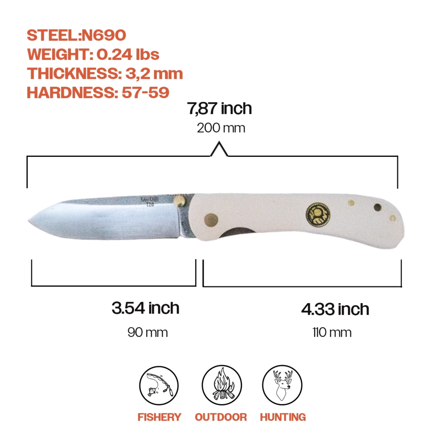 Kam Knife - Folding Knife BÖHLER Stainless Steel N690 with 3.14" Blade EDC Knife; White Handle Camping Knife; Small Hunting Knife Perfect for Outdoors and Hiking