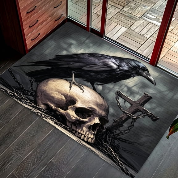 Halloween Crow On Human Skull Print Area Rug, Entryway Living Room Bedroom Gothic Home Decor Holiday Gift