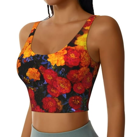 Picia Marigold Flowers In Different Colors Sports Bra for Women Padded Strappy Sports Bras Medium Support Yoga Bra with Removable Cups Running Yoga Bra-Large