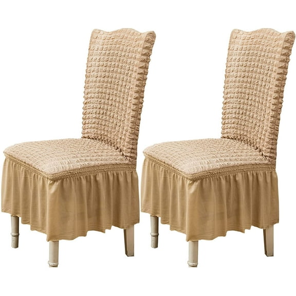 Set of 2 Stretch Chair Slipcovers with Skirt Removable Washable Kitchen Chair Protector Cover Set for Home, Party, Wedding(Beige, 2Pcs)