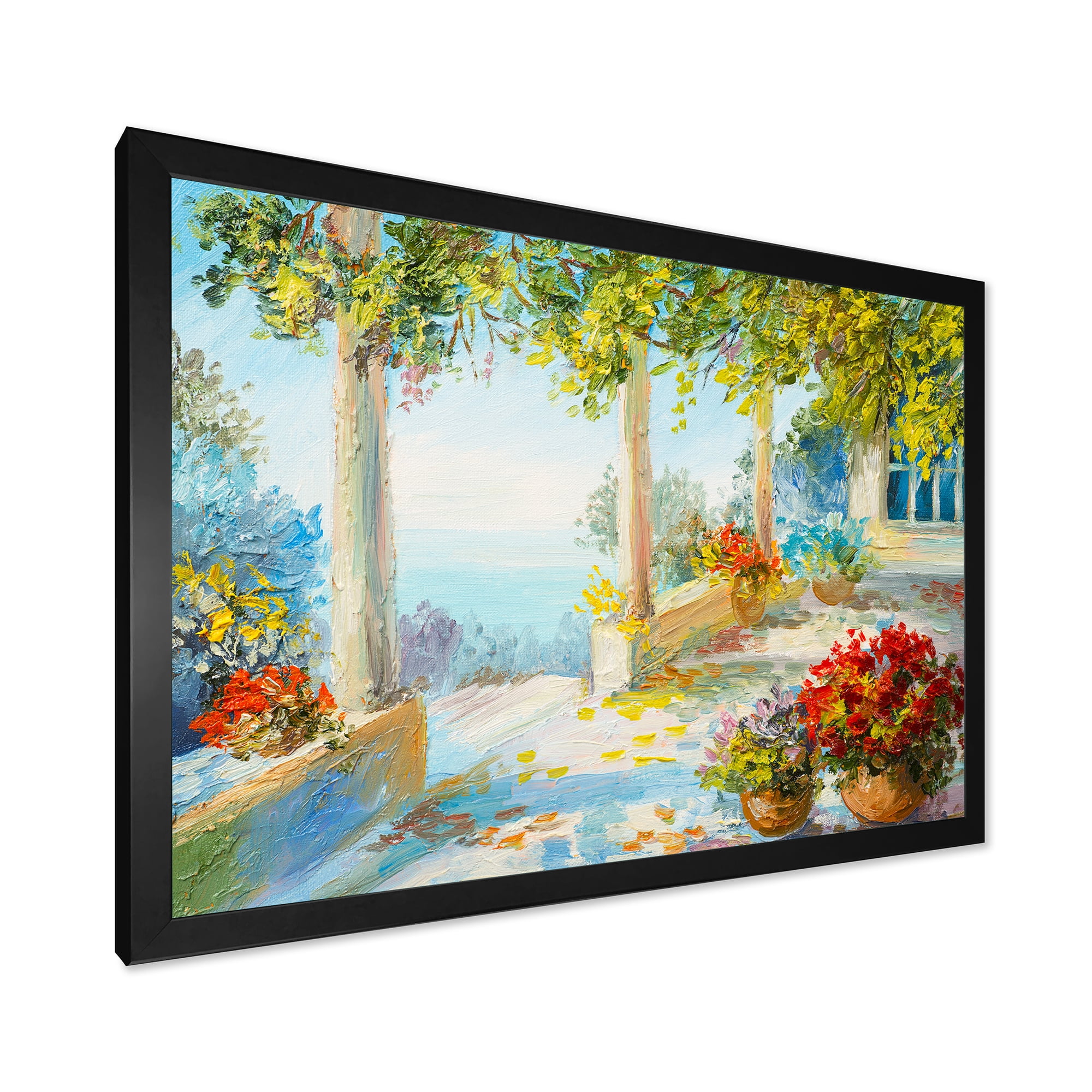 Designart 'Terrace With Red Flowers Near The Sea' Nautical & Coastal Framed Art Print