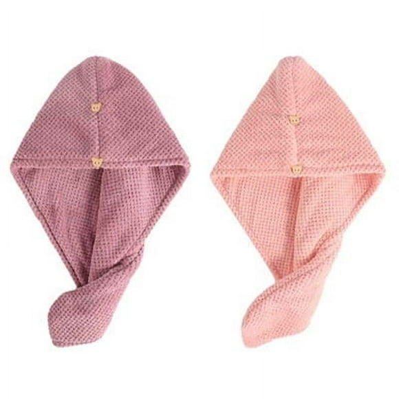 2 pcs Foulard épaissi, serviette sèche cheveux avec bouton, chiffon en microfibre, chapeau pour cheveux secs et bonnet de bain. (rose et rose clair)
