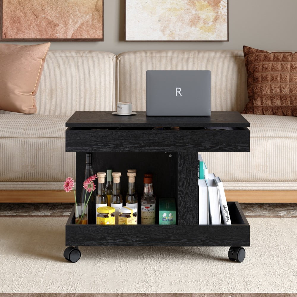 Small Coffee Table with Wheels, 360° Rotating Lift-Top Desktop, Rolling End Table with Storage Shelf, Mobile Bedside Table for Living Room & Bedroom, Black